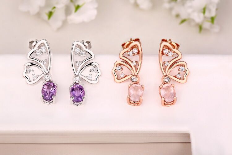 Women's Butterfly Shaped 925 Sterling Silver Amethyst/Rose Quartz Earrings with White Gold/Rose Gold Plating